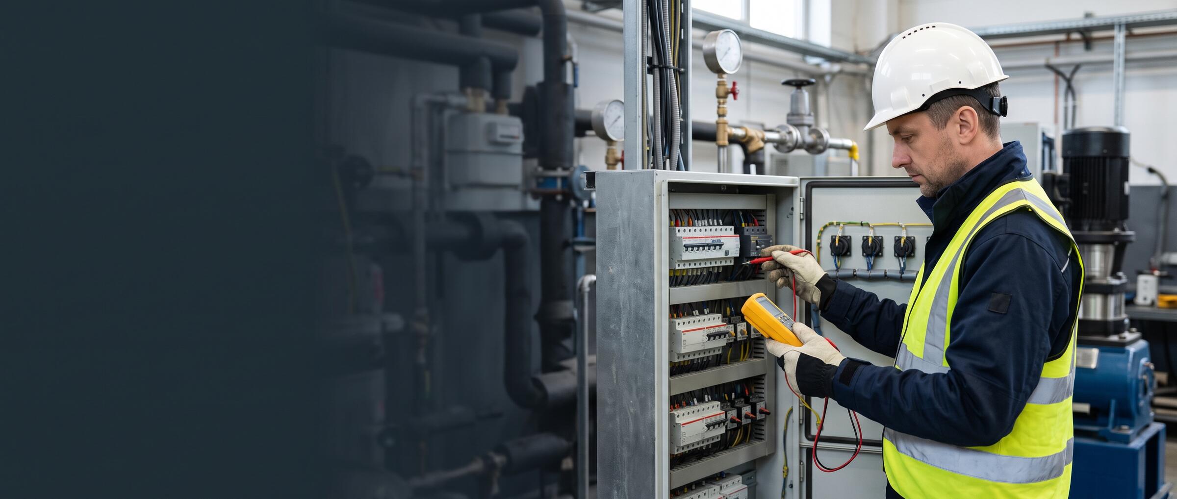 Elektryk w kasku wykonuje pomiar w rozdzielnicy