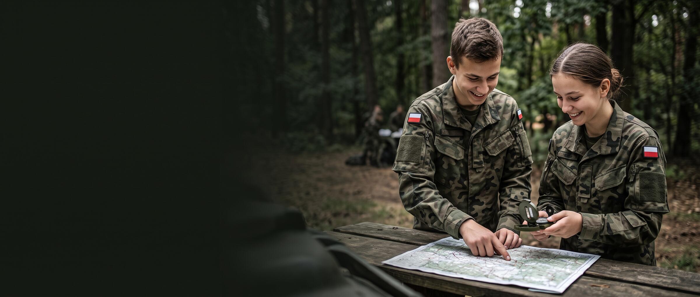 Uczniowie w mundurach nad mapą podczas zajęć terenowych