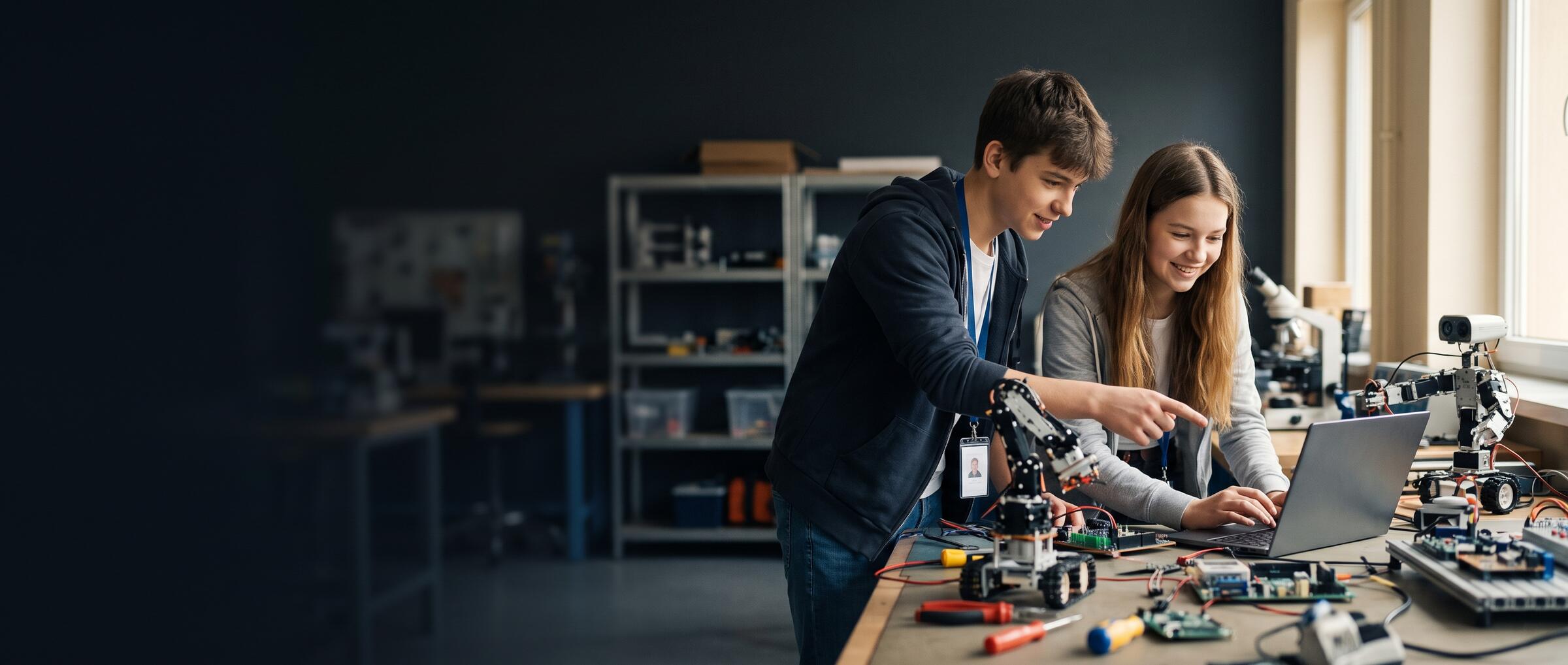 Uczniowie przy stanowisku z elektroniką i robotyką w pracowni szkolnej