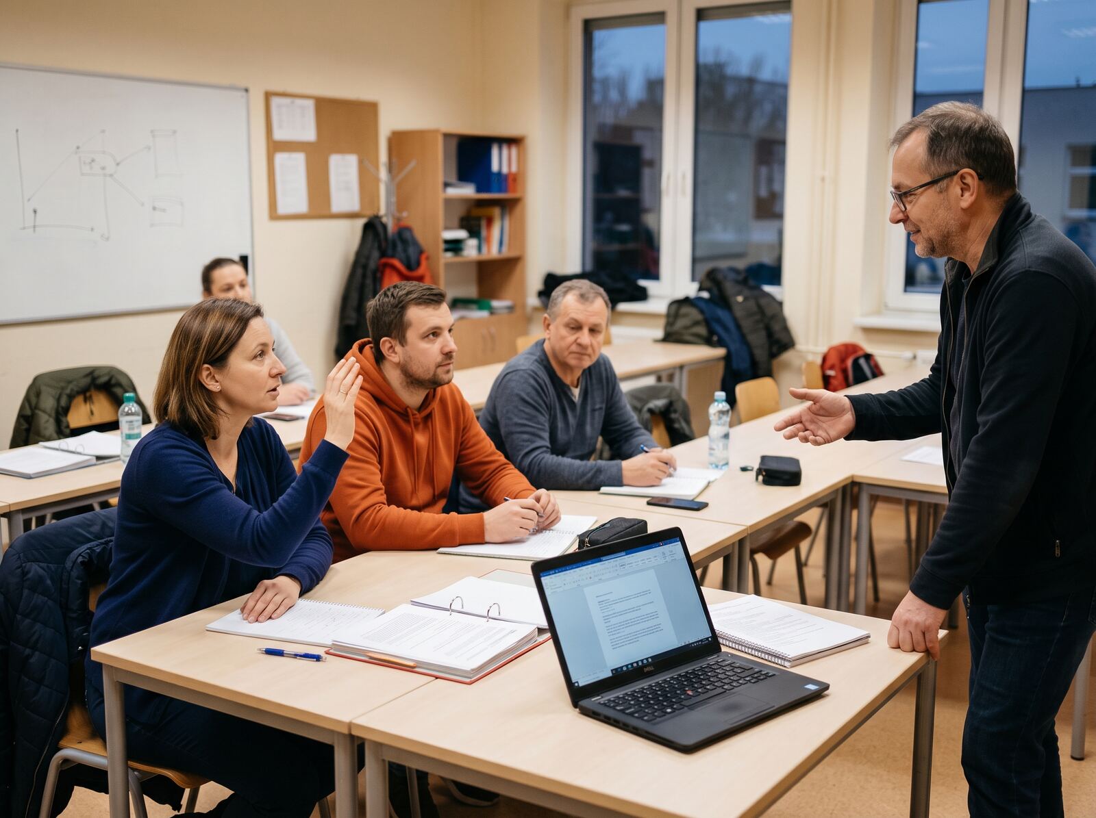 Dorośli słuchacze podczas zajęć przy wspólnym stole