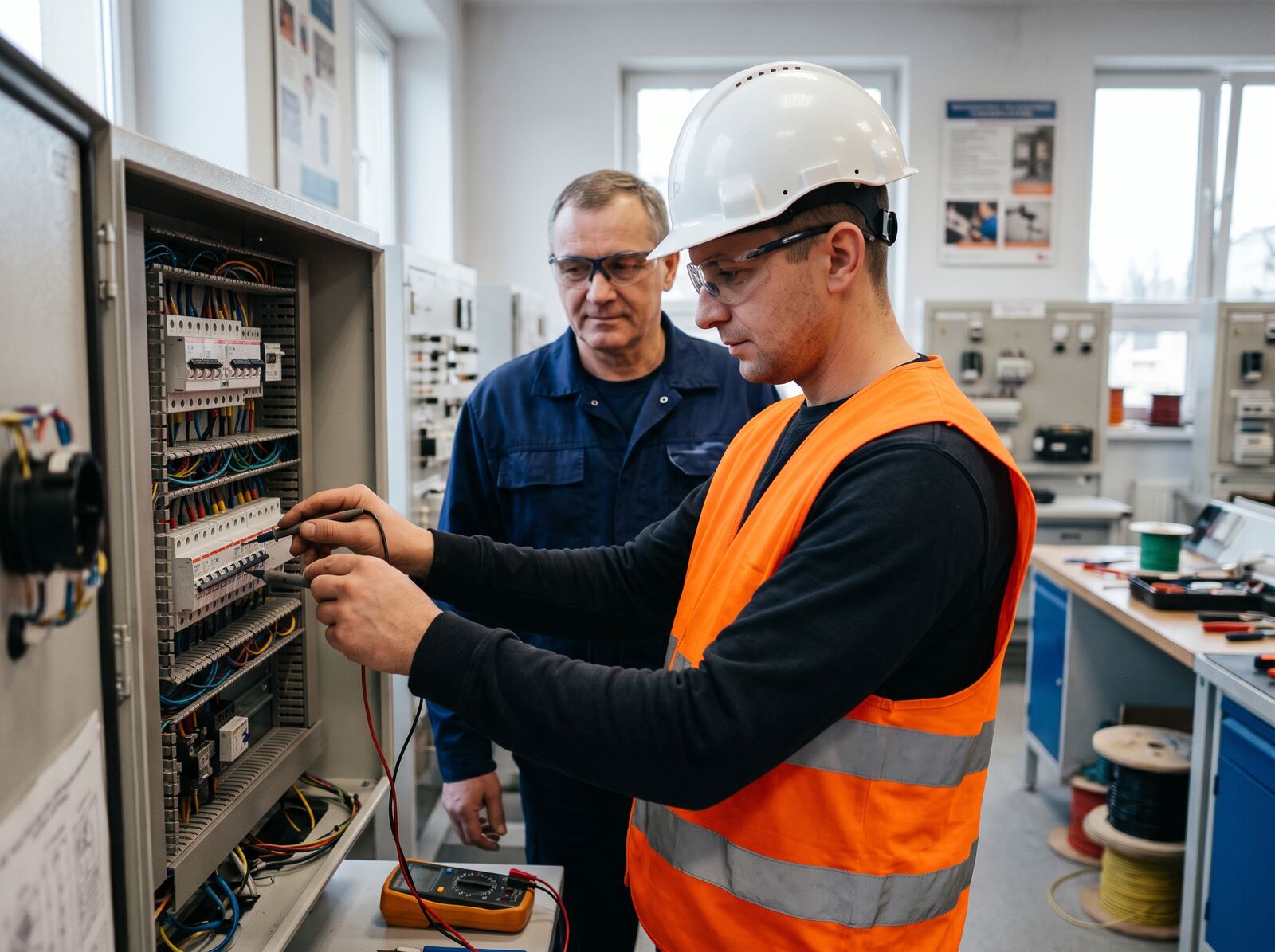 Elektryk w kasku wykonuje pomiar w rozdzielnicy