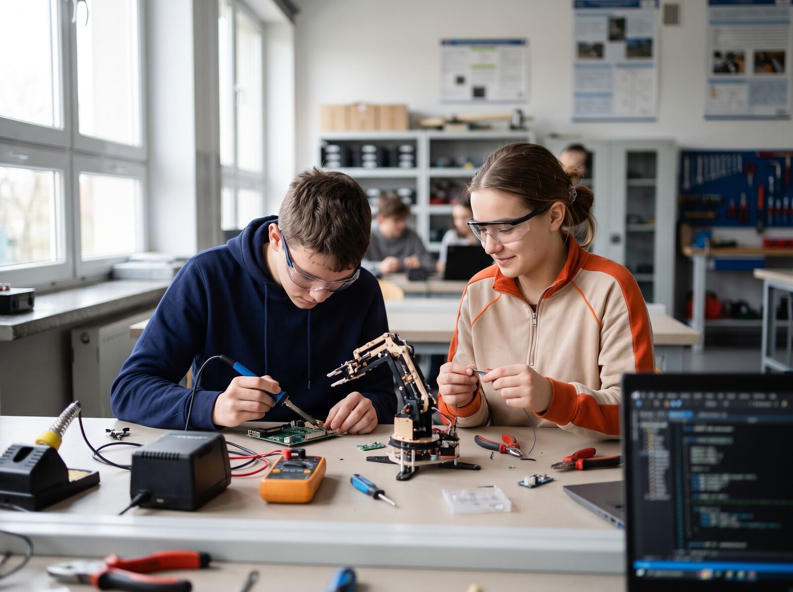 Uczniowie przy stanowisku z elektroniką i robotyką w pracowni szkolnej