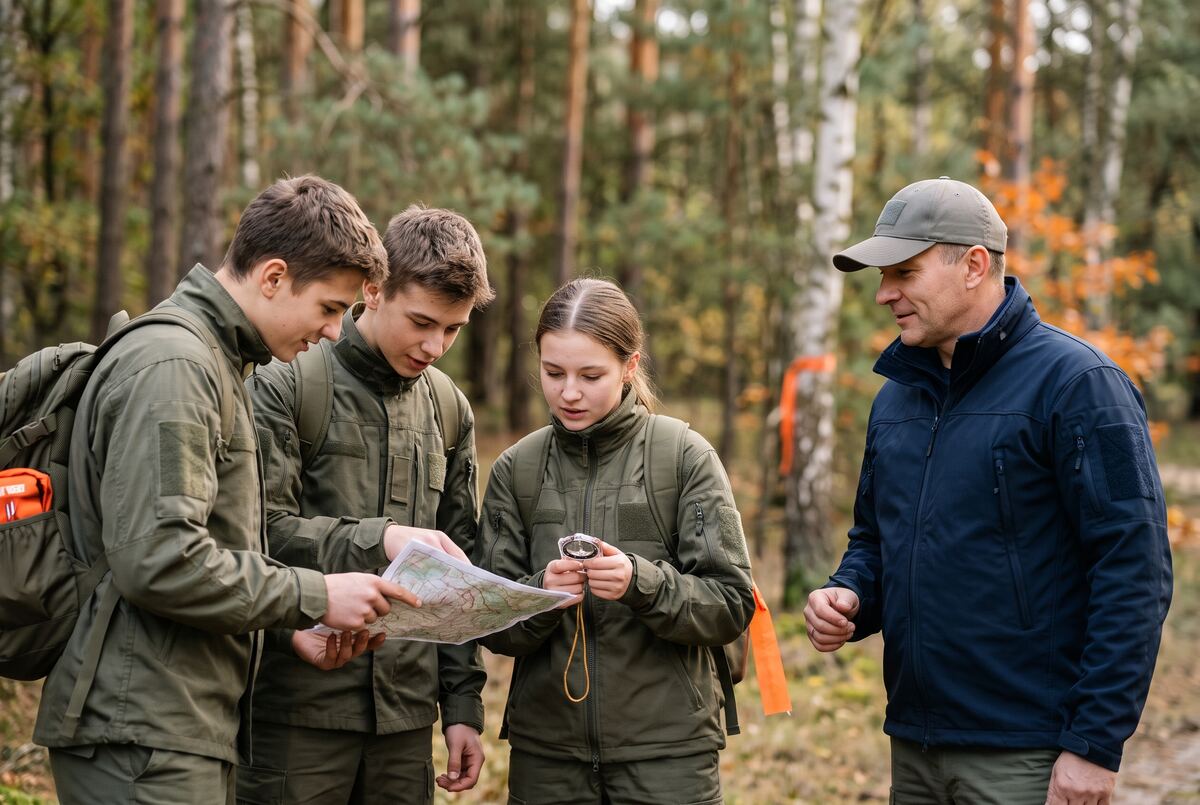 Uczniowie klasy mundurowej w mundurach nad mapą podczas zajęć terenowych